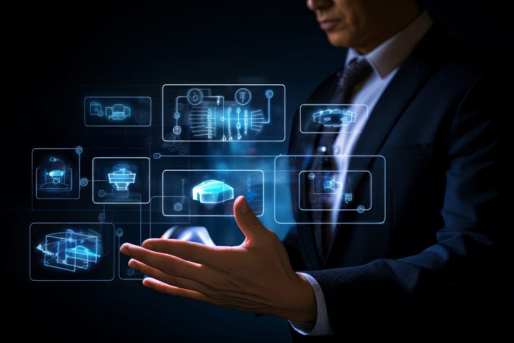 Federação Varejista do RS capacita CDLs para uso da inteligência artificial 10 homem de negocios interagindo com graficos futuristas