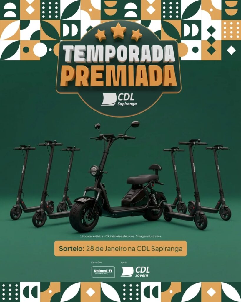 CDL Sapiranga sorteará nove patinetes elétricos e uma scooter entre participantes da campanha Temporada Premiada 10 playpress assessoria cdl sapirangab